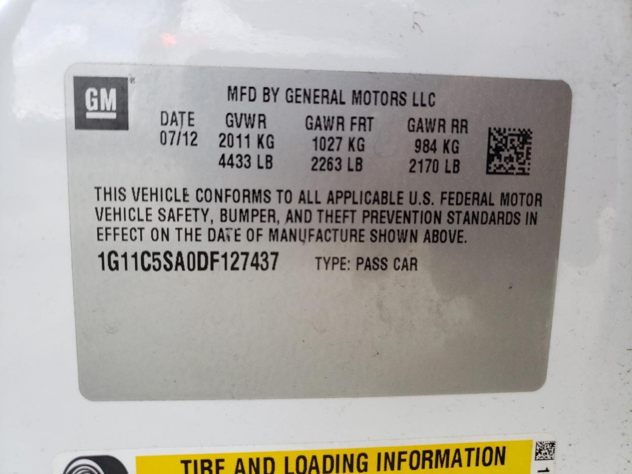 Photo 10 from auction – 2013 CHEVROLET MALIBU 1LT with VIN 1G11C5SA0DF127437