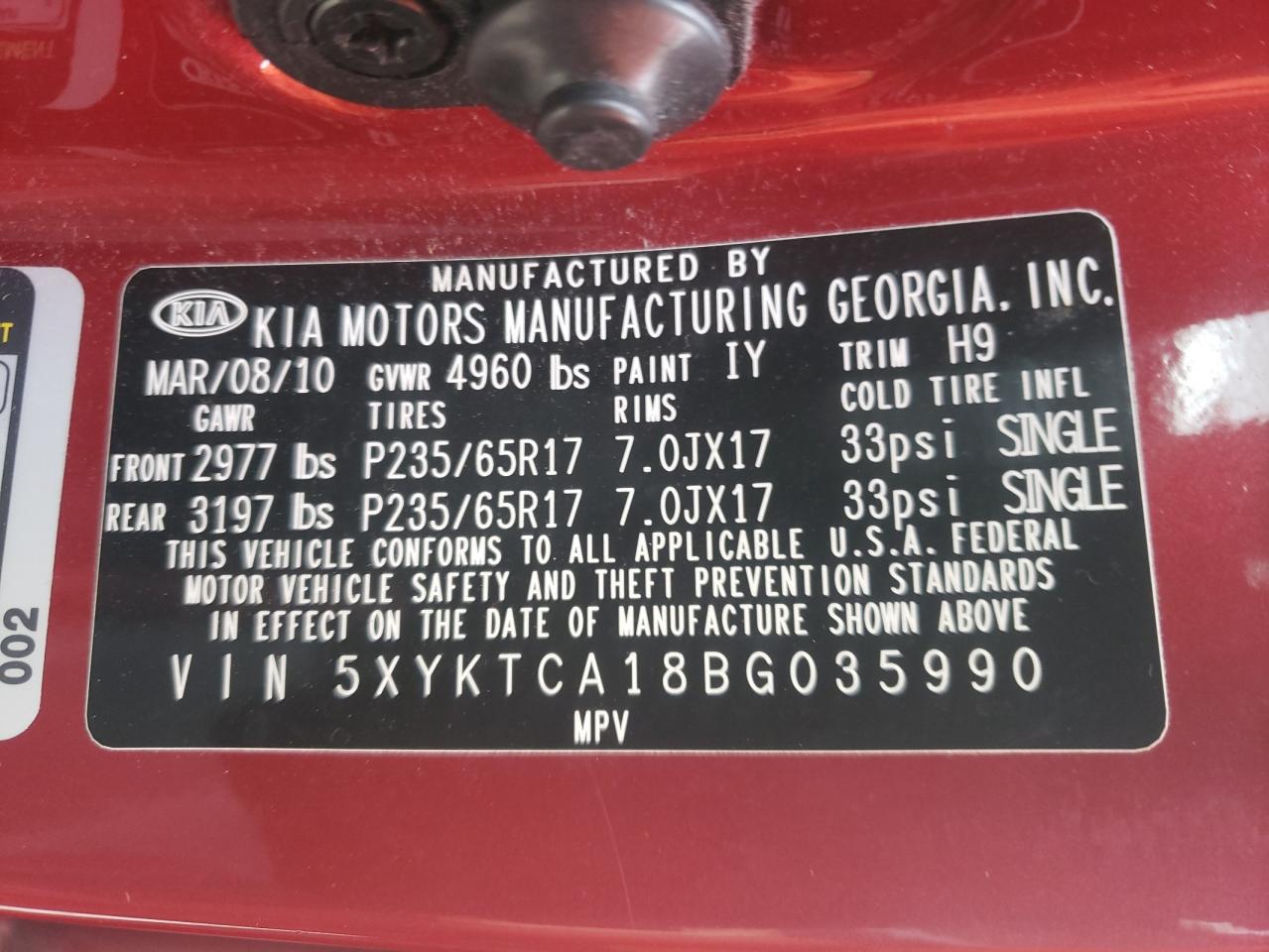 Photo 10 from auction – 2011 KIA SORENTO BA with VIN 5XYKTCA18BG035990