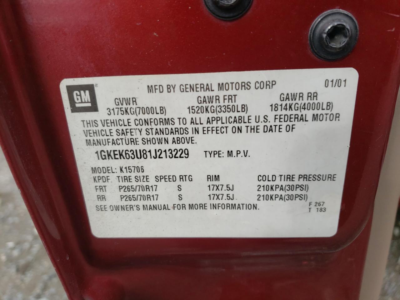 Photo 10 from auction – 2001 GMC DENALI with VIN 1GKEK63U81J213229