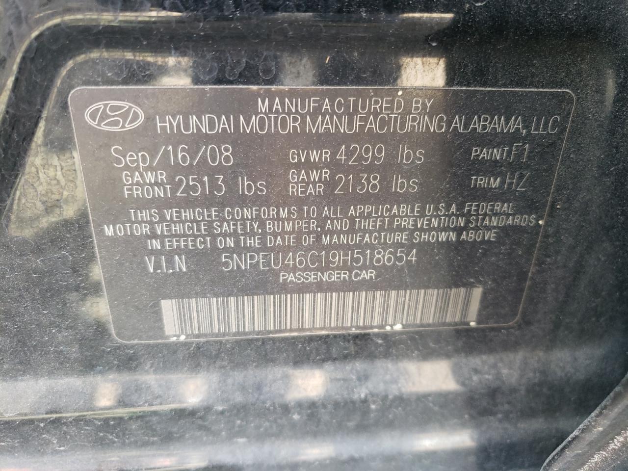 Photo 10 from auction – 2009 HYUNDAI SONATA SE with VIN 5NPEU46C19H518654