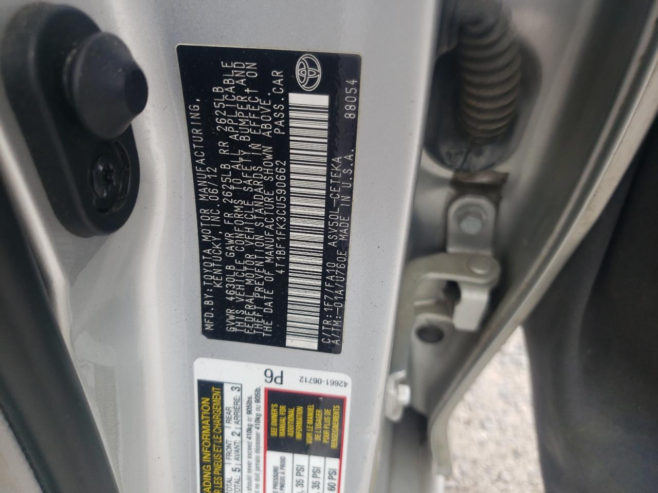 Photo 10 from auction – 2012 TOYOTA CAMRY BASE with VIN 4T1BF1FK3CU590662