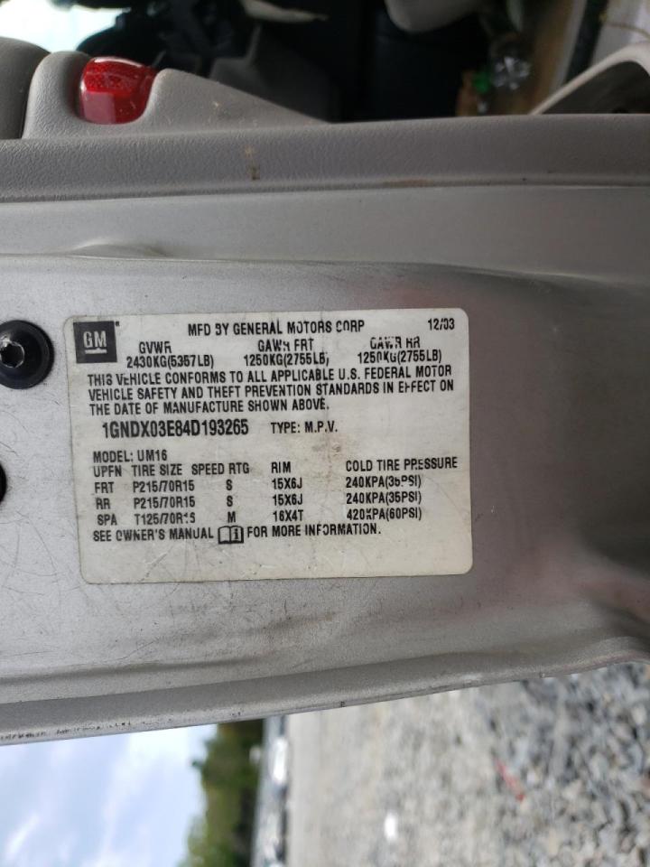 Photo 10 from auction – 2004 CHEVROLET VENTURE with VIN 1GNDX03E84D193265