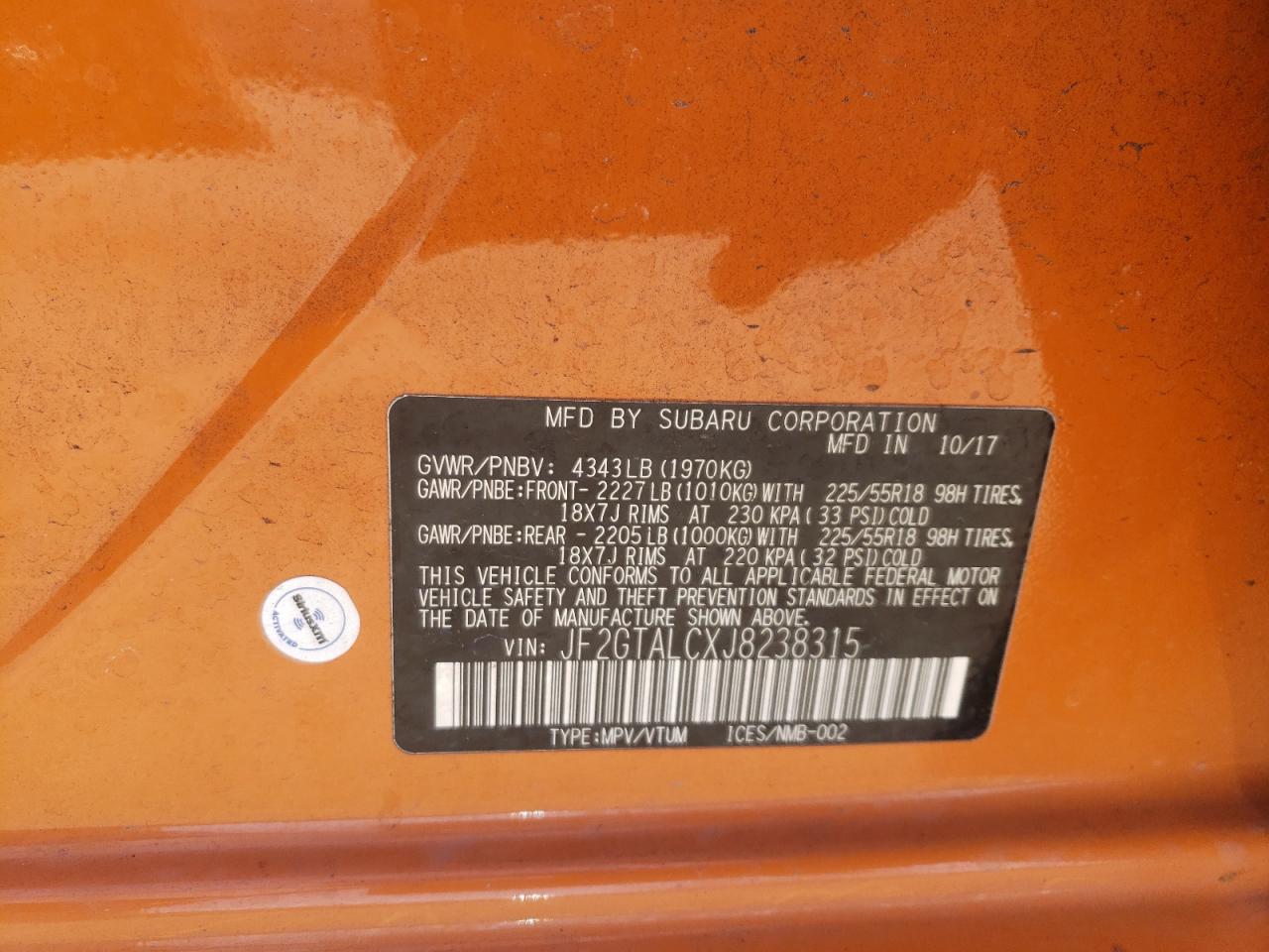 Photo 10 from auction – 2018 SUBARU CROSSTREK with VIN JF2GTALCXJ8238315