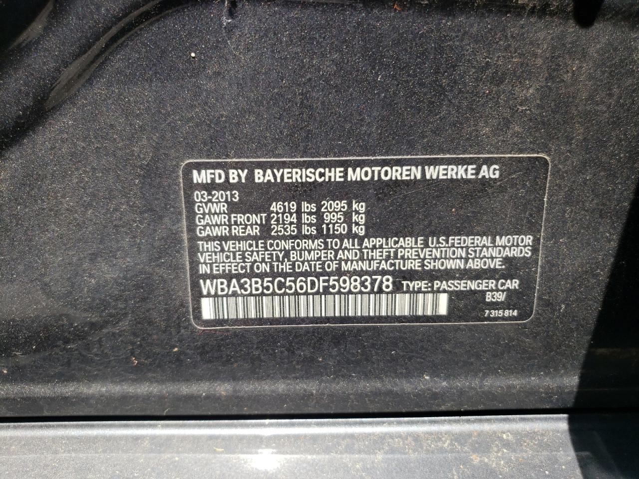 Photo 10 from auction – 2013 BMW 328 XI SUL with VIN WBA3B5C56DF598378
