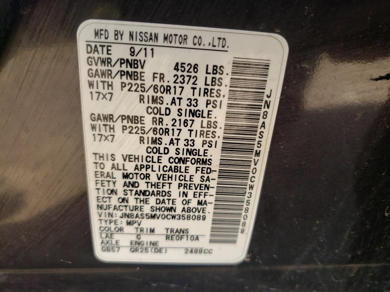 Photo 10 from auction – 2012 NISSAN ROGUE S with VIN JN8AS5MV0CW358089