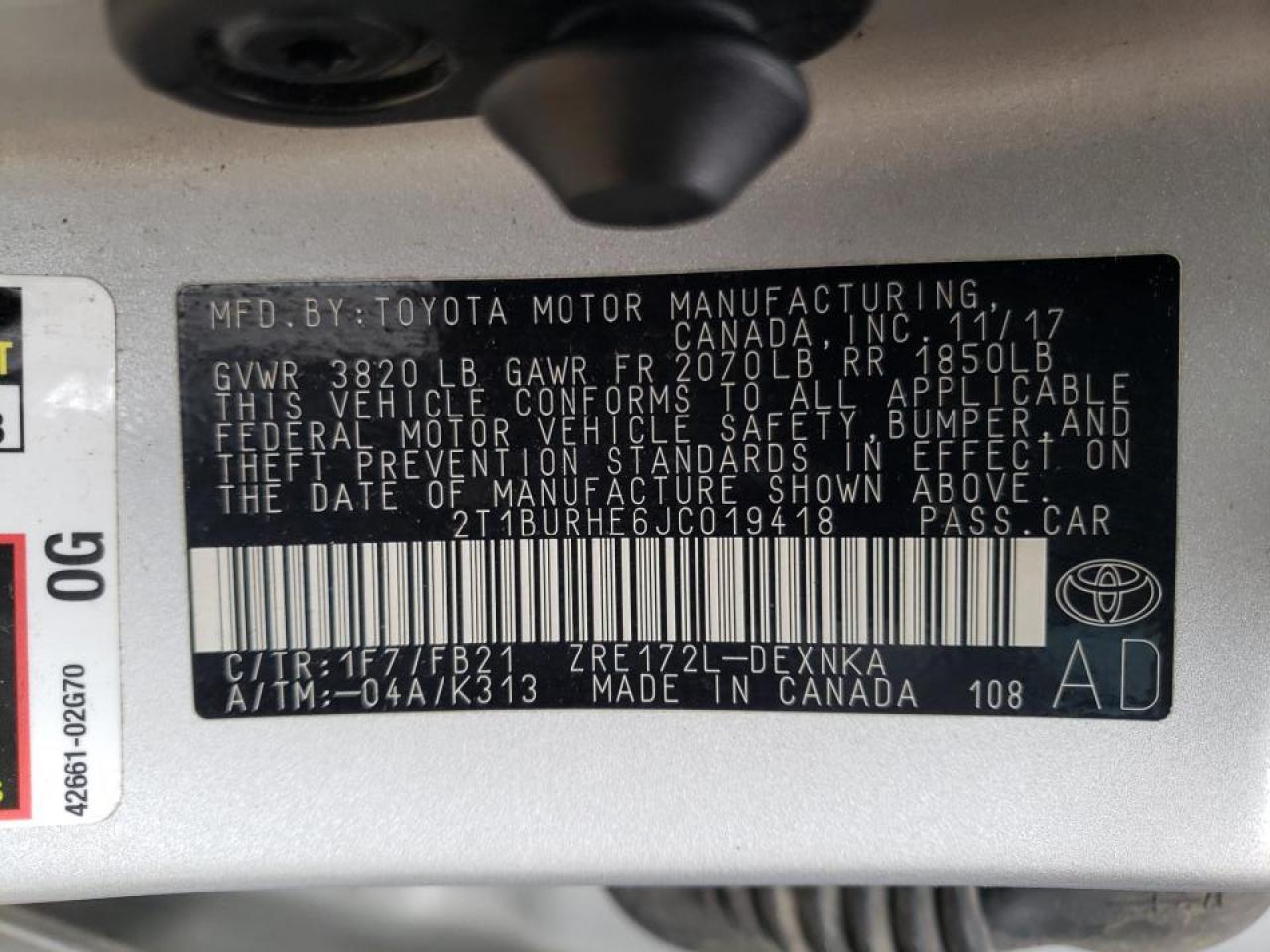Photo 10 from auction – 2018 TOYOTA COROLLA L with VIN 2T1BURHE6JC019418