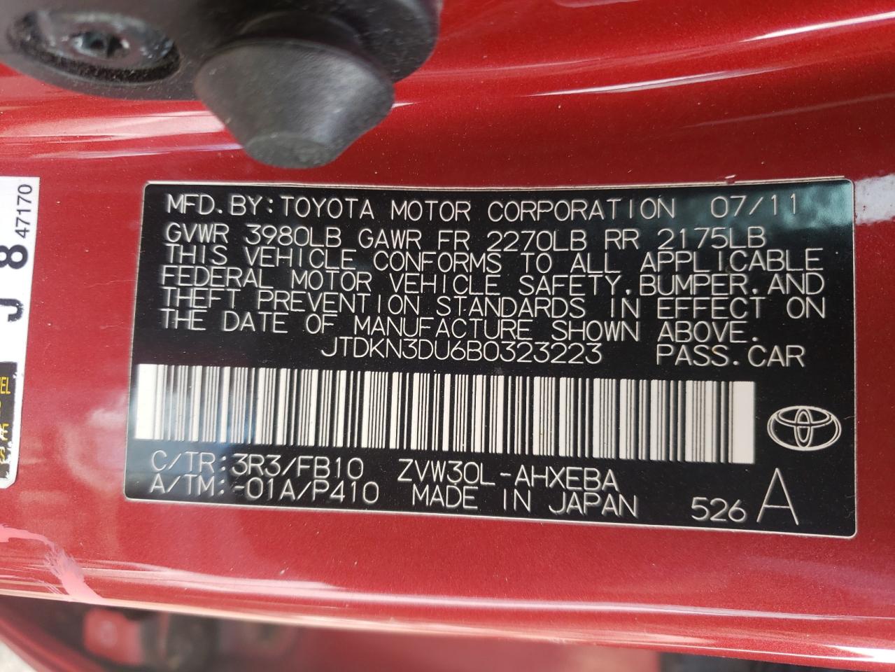 Photo 10 from auction – 2011 TOYOTA PRIUS with VIN JTDKN3DU6B0323223