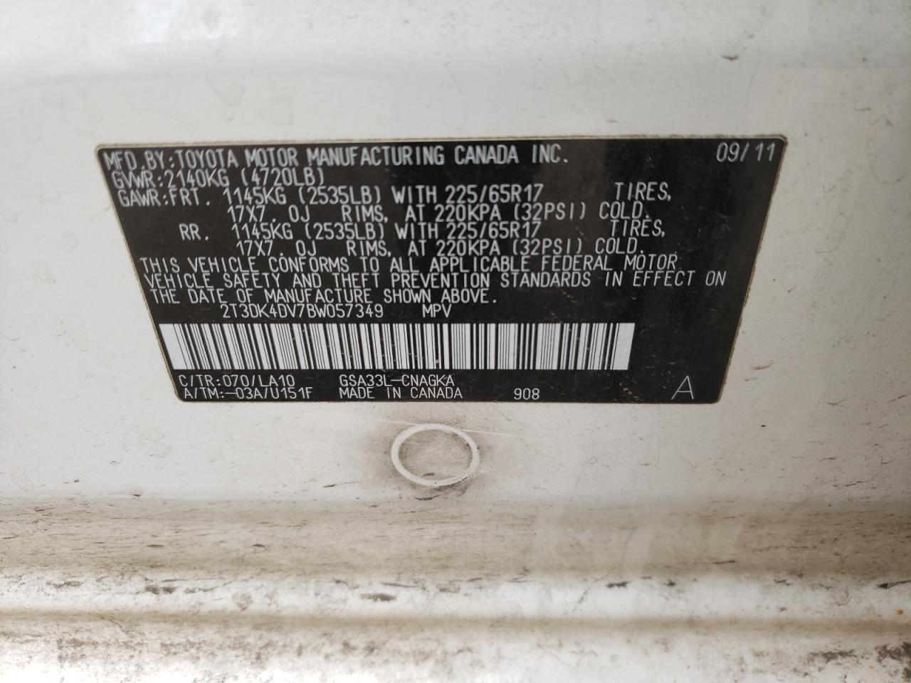 Photo 10 from auction – 2011 TOYOTA RAV4 LIMIT with VIN 2T3DK4DV7BW057349