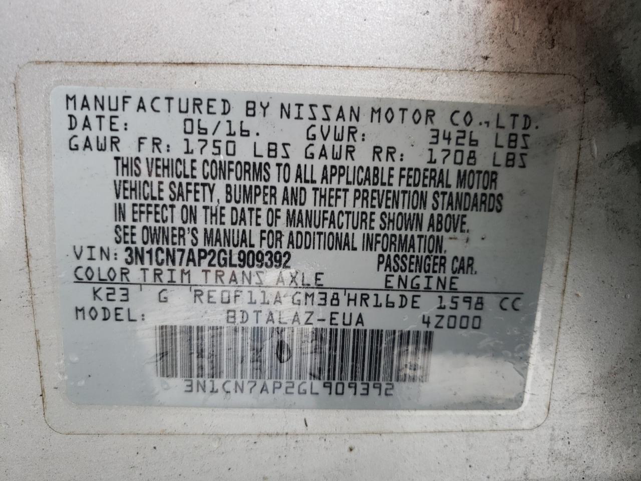 Photo 10 from auction – 2016 NISSAN VERSA S with VIN 3N1CN7AP2GL909392