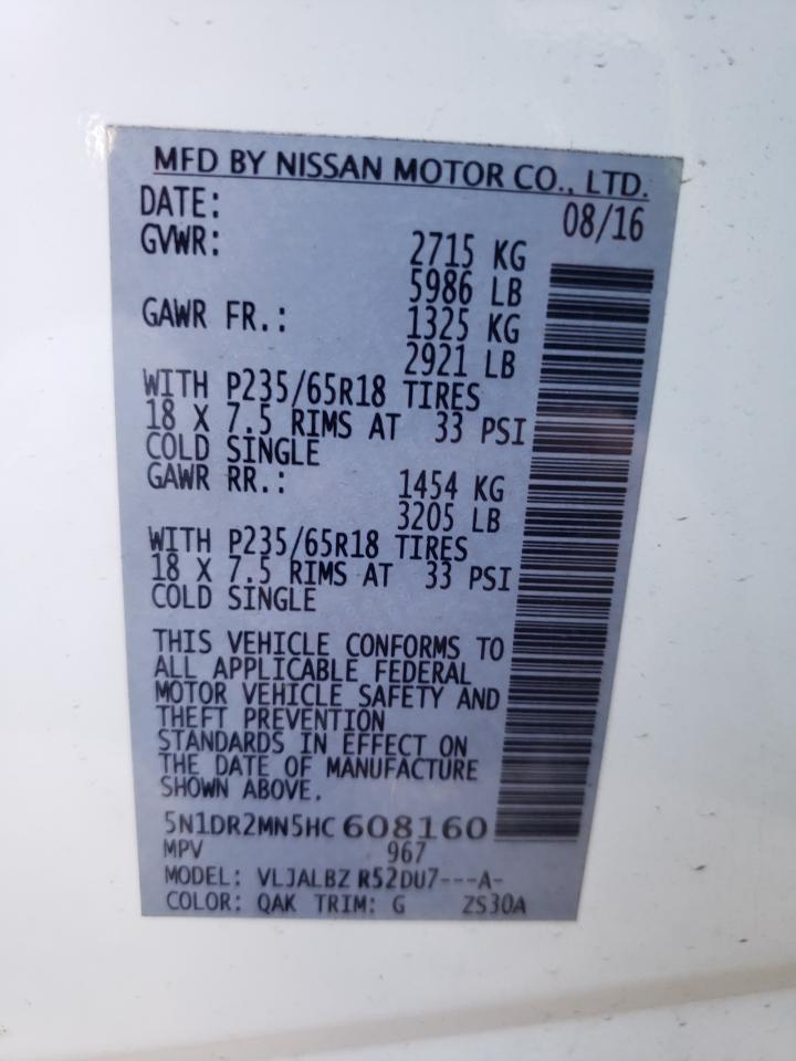 Photo 10 from auction – 2017 NISSAN PATHFINDER with VIN 5N1DR2MN5HC608160
