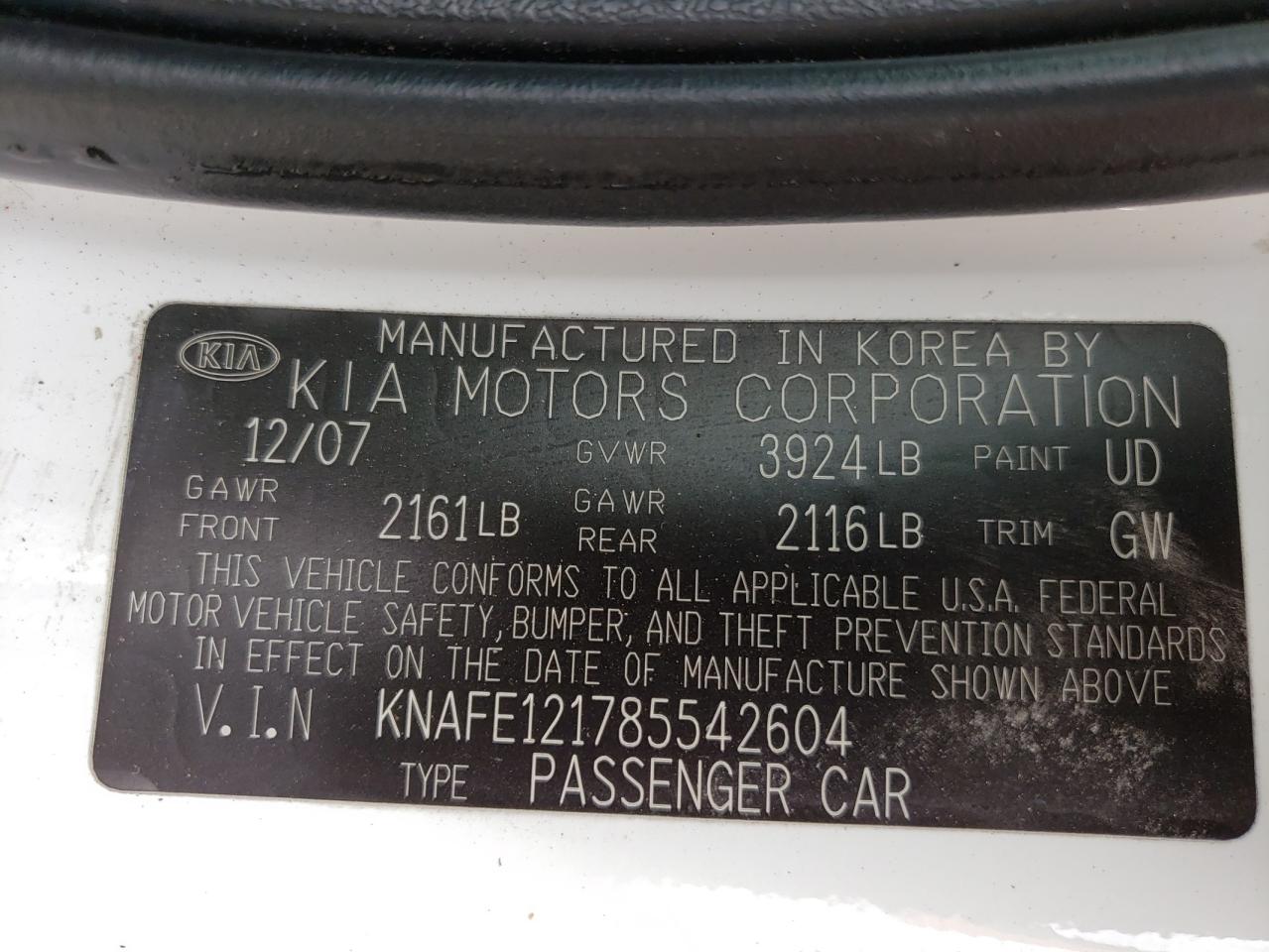 Foto 10 de la subasta – 2008 KIA SPECTRA EX con VIN KNAFE121785542604