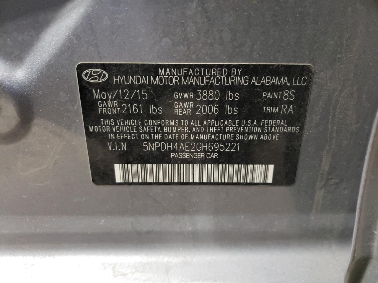 Photo 10 from auction – 2016 HYUNDAI ELANTRA SE with VIN 5NPDH4AE2GH695221