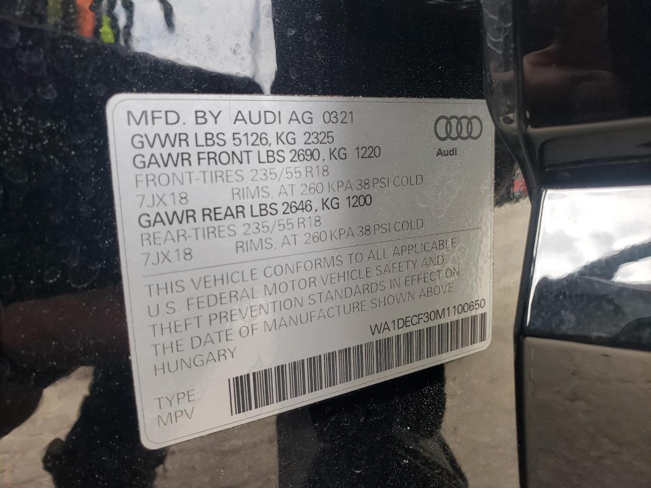 Photo 10 from auction – 2021 AUDI Q3 PREMIUM with VIN WA1DECF30M1100650