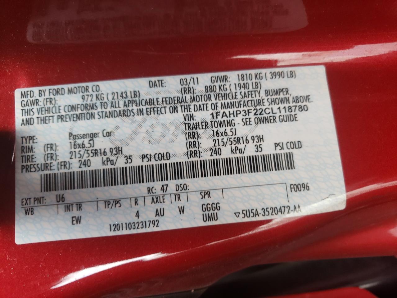 Photo 10 from auction – 2012 FORD FOCUS SE with VIN 1FAHP3F22CL118780