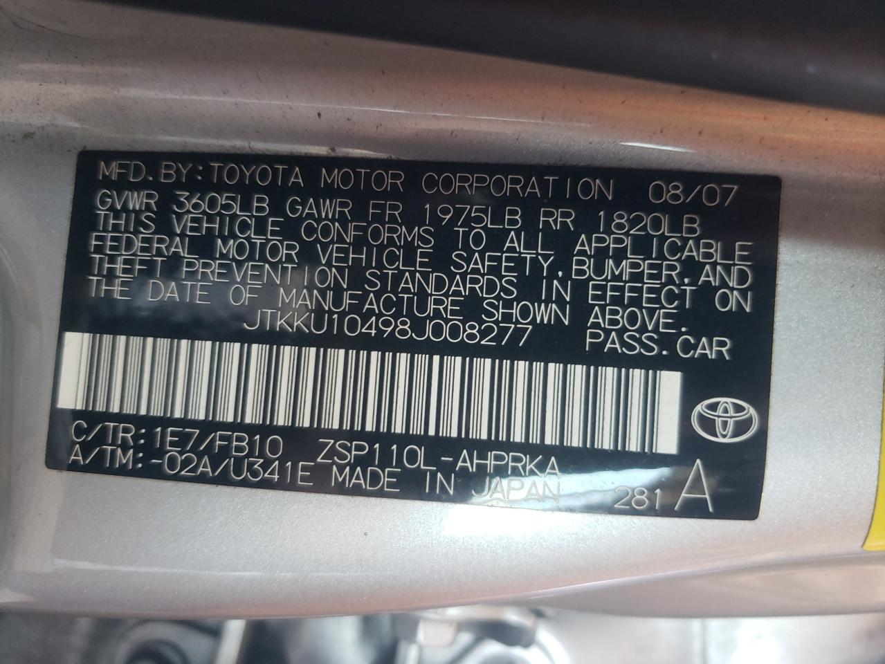 Photo 10 from auction – 2008 TOYOTA SCION XD with VIN JTKKU10498J008277