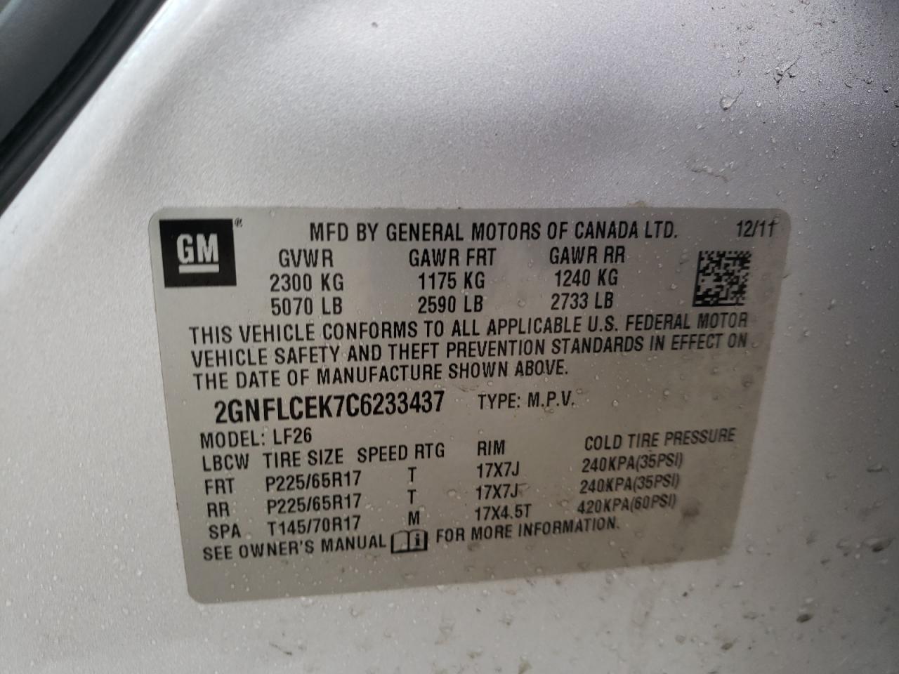 Photo 10 from auction – 2012 CHEVROLET EQUINOX LS with VIN 2GNFLCEK7C6233437