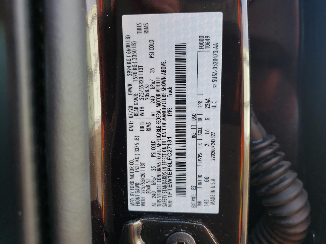 Photo 10 from auction – 2020 FORD F150 SUPER with VIN 1FTEW1EP6LFC27131