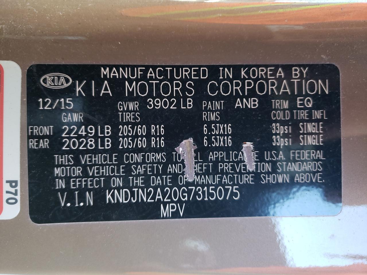 Photo 10 from auction – 2016 KIA SOUL with VIN KNDJN2A20G7315075