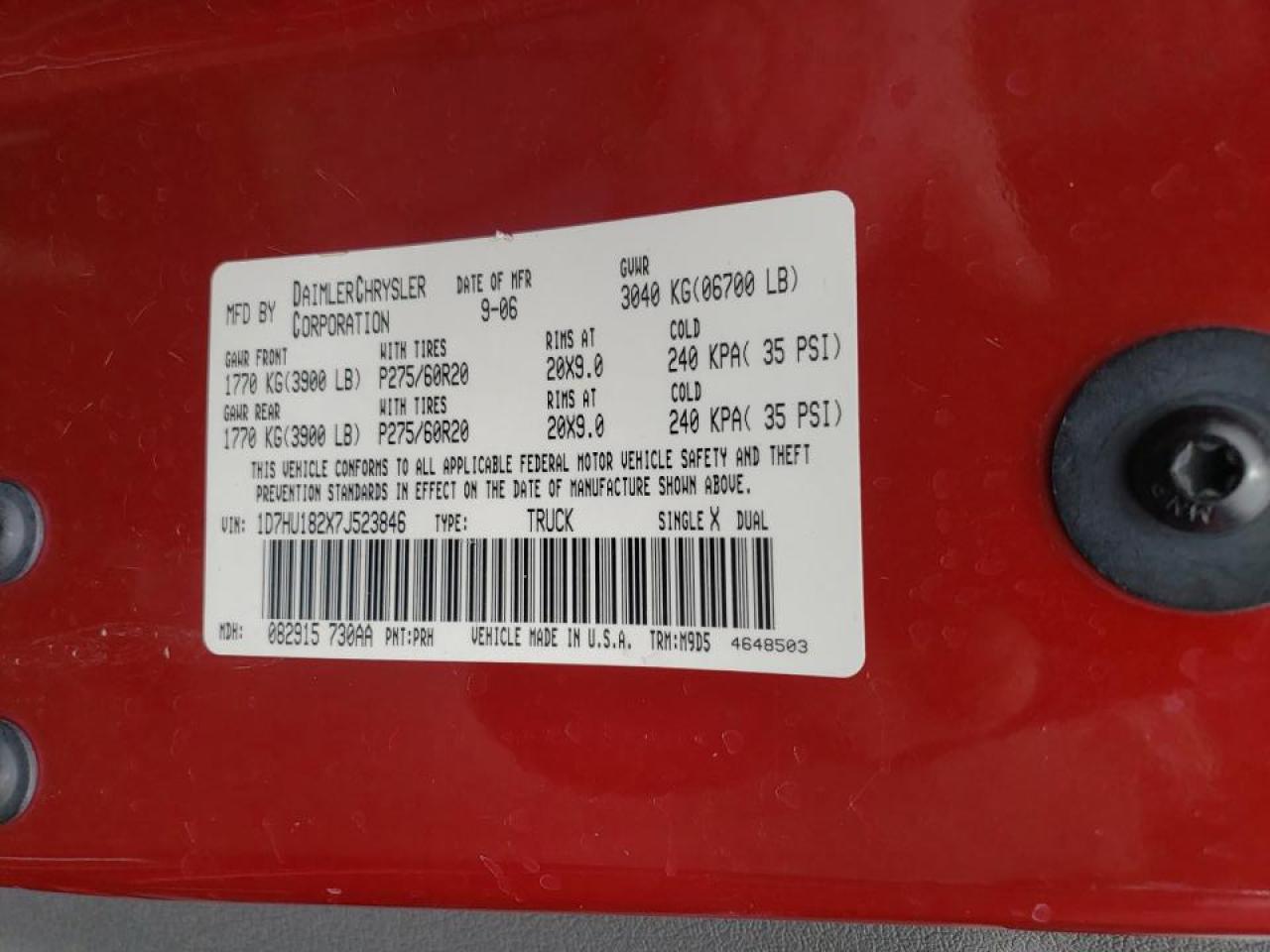 Photo 10 from auction – 2007 DODGE RAM 1500 S with VIN 1D7HU182X7J523846