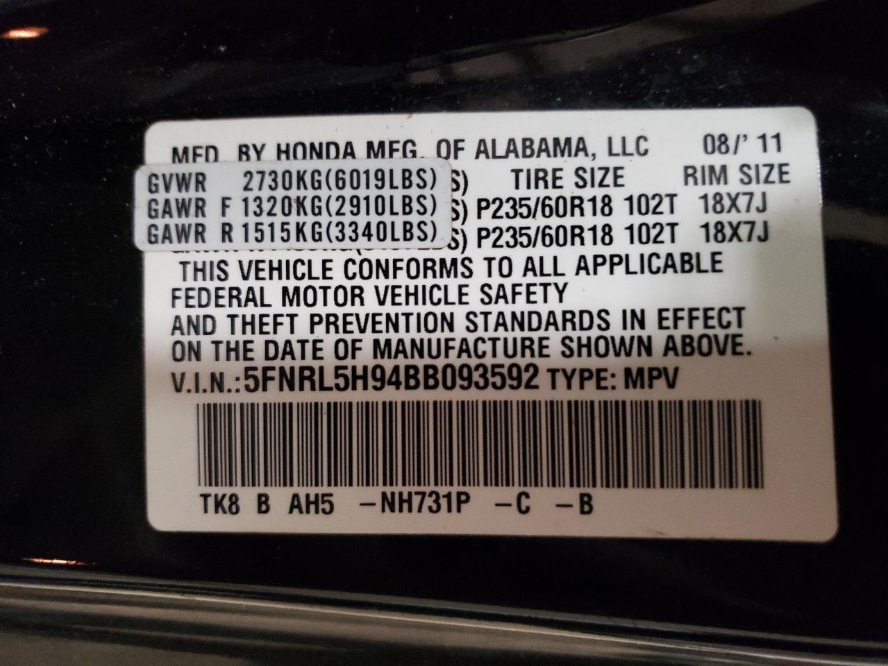 Photo 10 from auction – 2011 HONDA ODYSSEY TO with VIN 5FNRL5H94BB093592