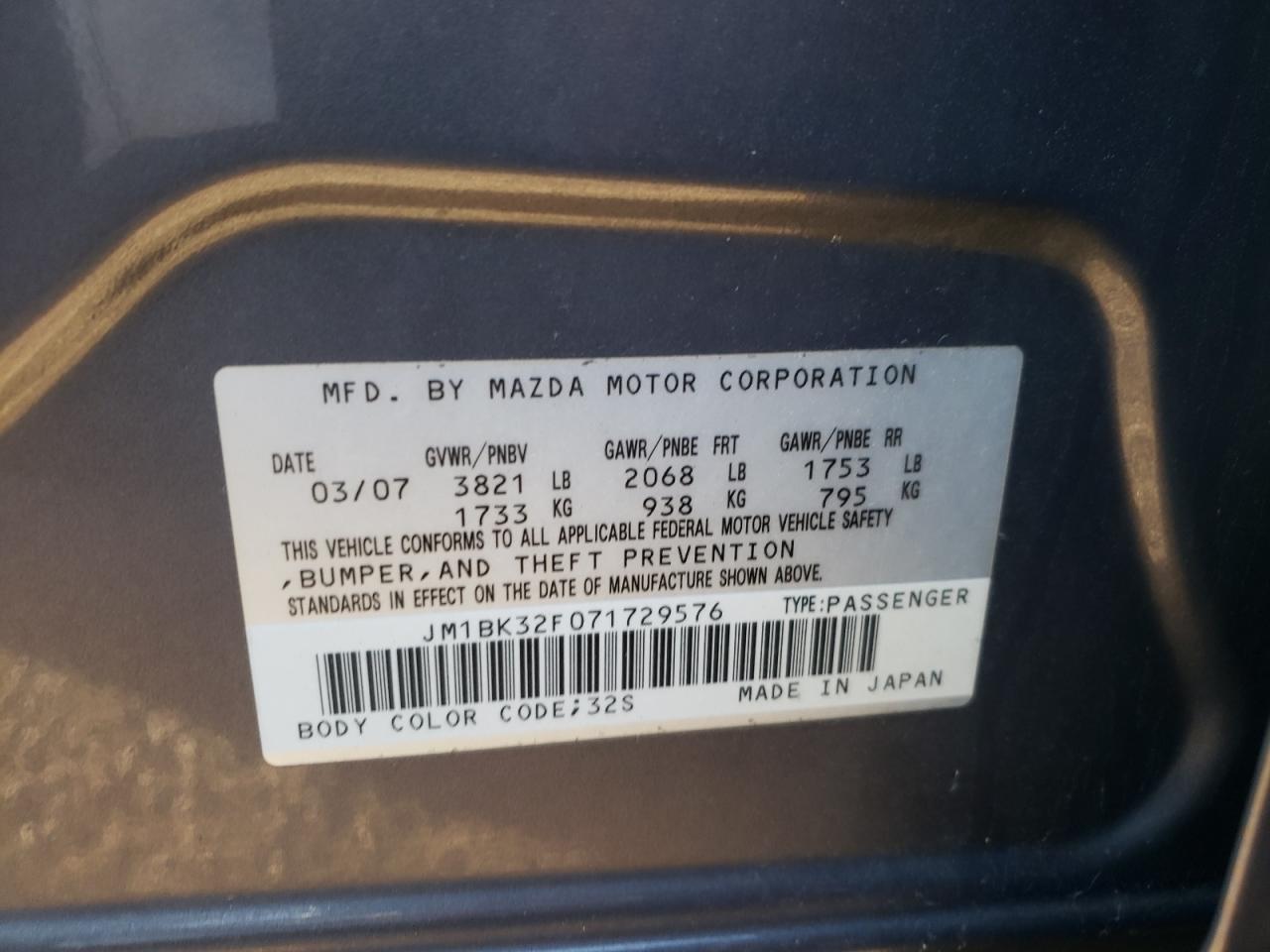 Photo 10 from auction – 2007 MAZDA 3 I with VIN JM1BK32F071729576