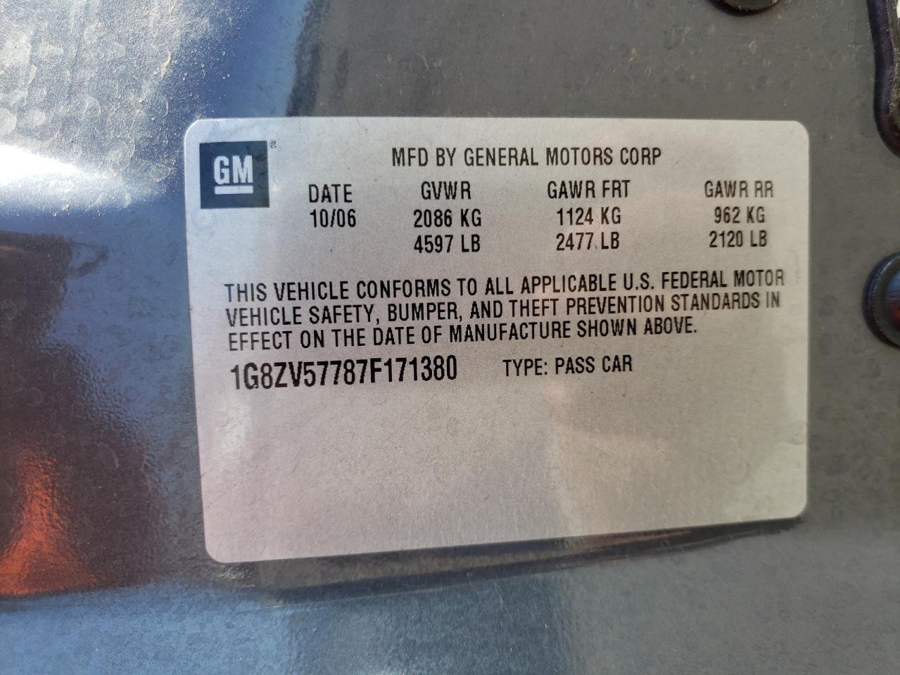 Photo 10 from auction – 2007 SATURN AURA XR with VIN 1G8ZV57787F171380