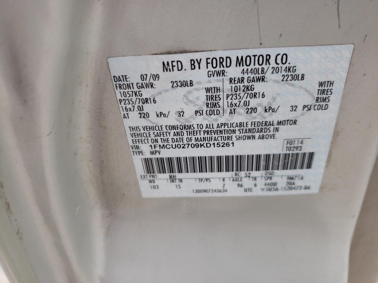Photo 10 from auction – 2009 FORD ESCAPE XLS with VIN 1FMCU02709KD15261