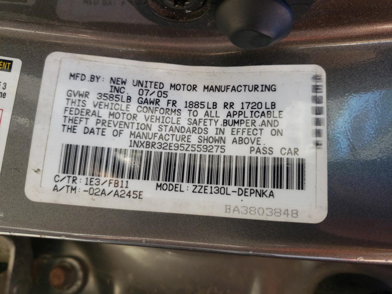Photo 10 from auction – 2005 TOYOTA COROLLA CE with VIN 1NXBR32E95Z559275
