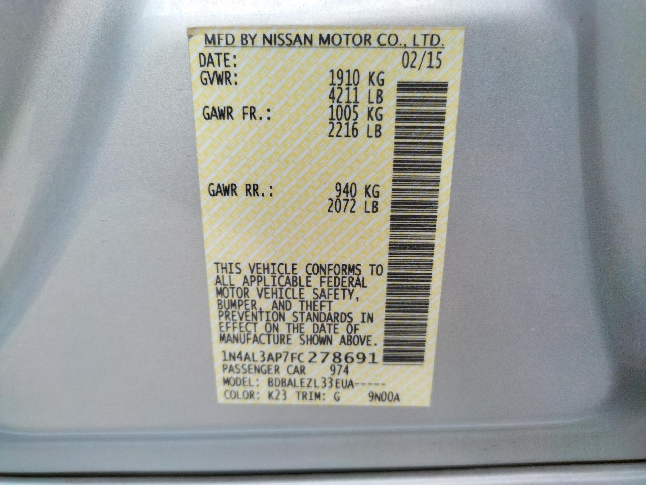 Photo 10 from auction – 2015 NISSAN ALTIMA 2.5 with VIN 1N4AL3AP7FC278691