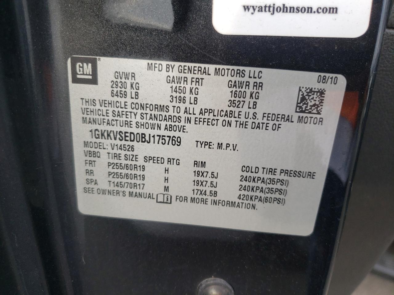 Photo 10 from auction – 2011 GMC ACADIA SLT with VIN 1GKKVSED0BJ175769