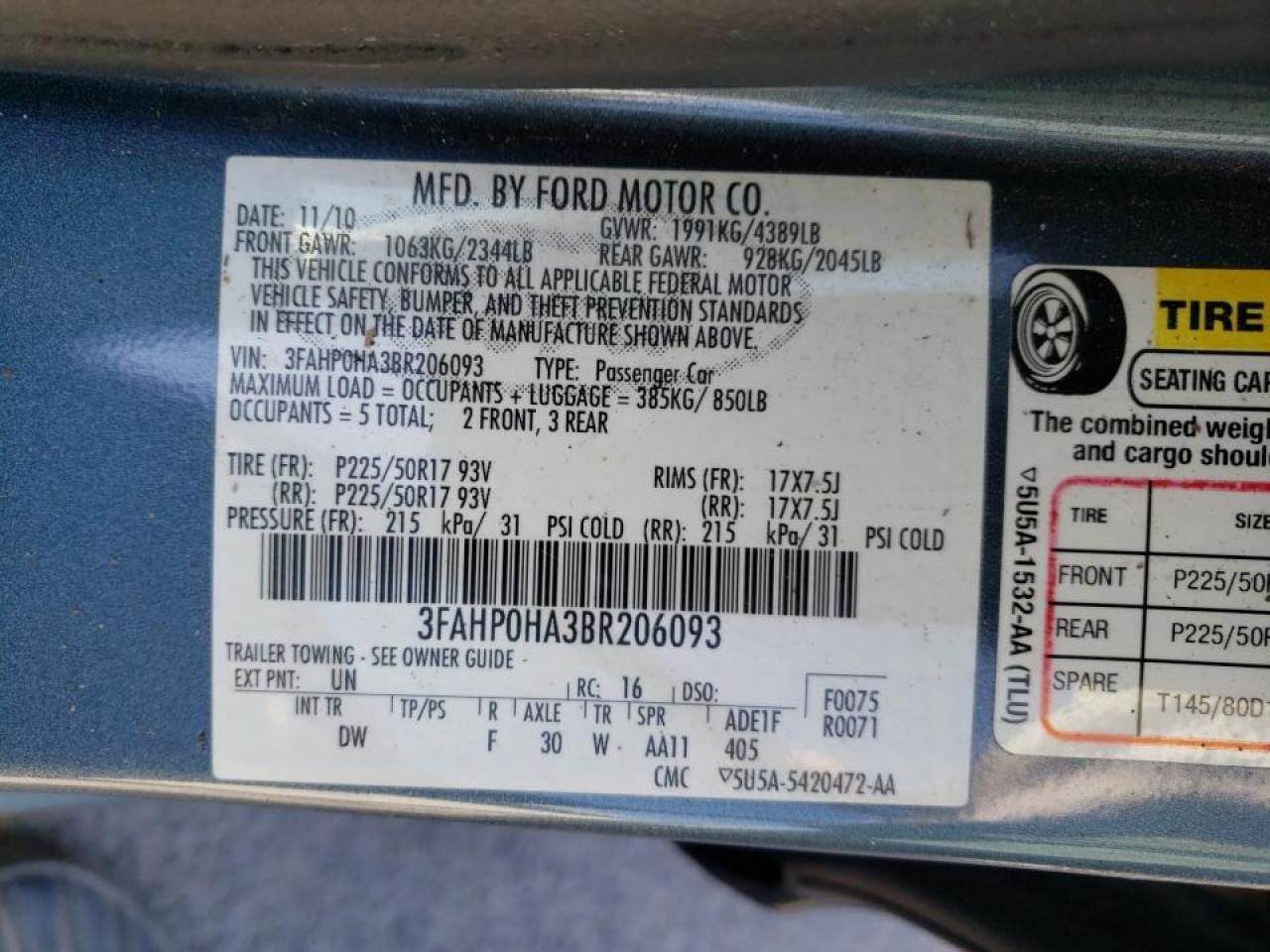 Photo 10 from auction – 2011 FORD FUSION SE with VIN 3FAHP0HA3BR206093