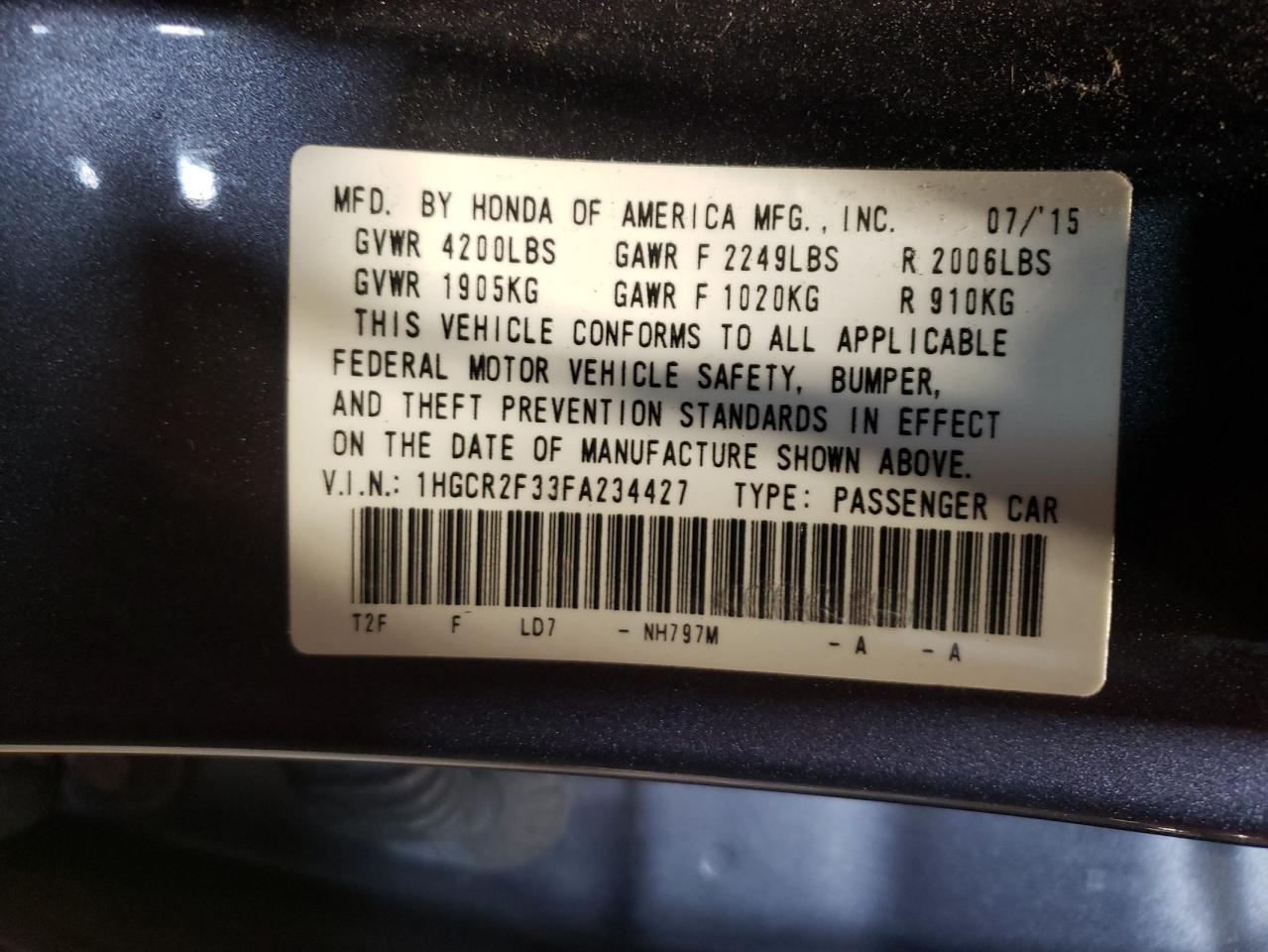 Photo 10 from auction – 2015 HONDA ACCORD LX with VIN 1HGCR2F33FA234427