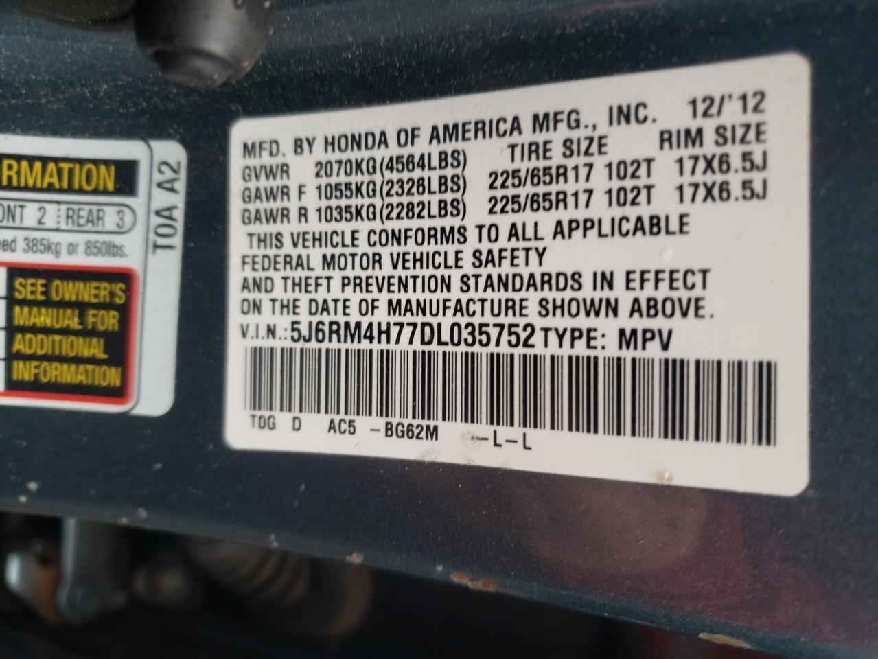 Photo 10 from auction – 2013 HONDA CR-V EXL with VIN 5J6RM4H77DL035752