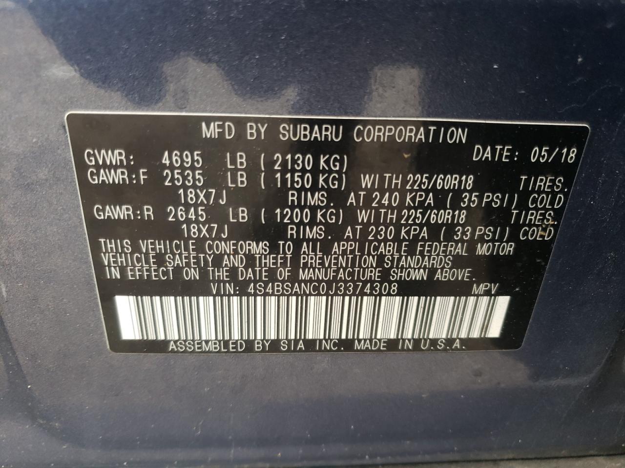 Photo 10 from auction – 2018 SUBARU OUTBACK 2. with VIN 4S4BSANC0J3374308