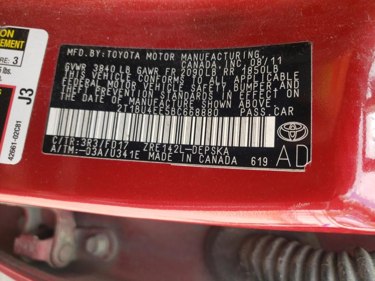 Photo 10 from auction – 2011 TOYOTA COROLLA BA with VIN 2T1BU4EE5BC668880