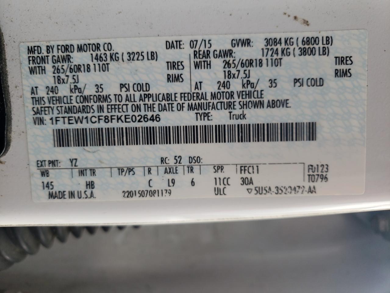 Photo 10 from auction – 2015 FORD F150 SUPER with VIN 1FTEW1CF8FKE02646