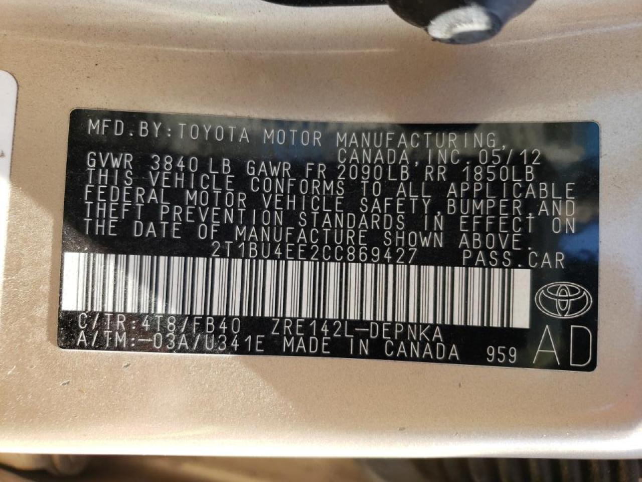 Photo 10 from auction – 2012 TOYOTA CARROLLA with VIN 2T1BU4EE2CC869427
