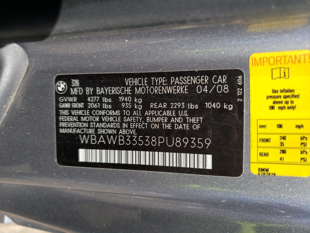 Photo 10 from auction – 2008 BMW 328 I with VIN WBAWB33538PU89359