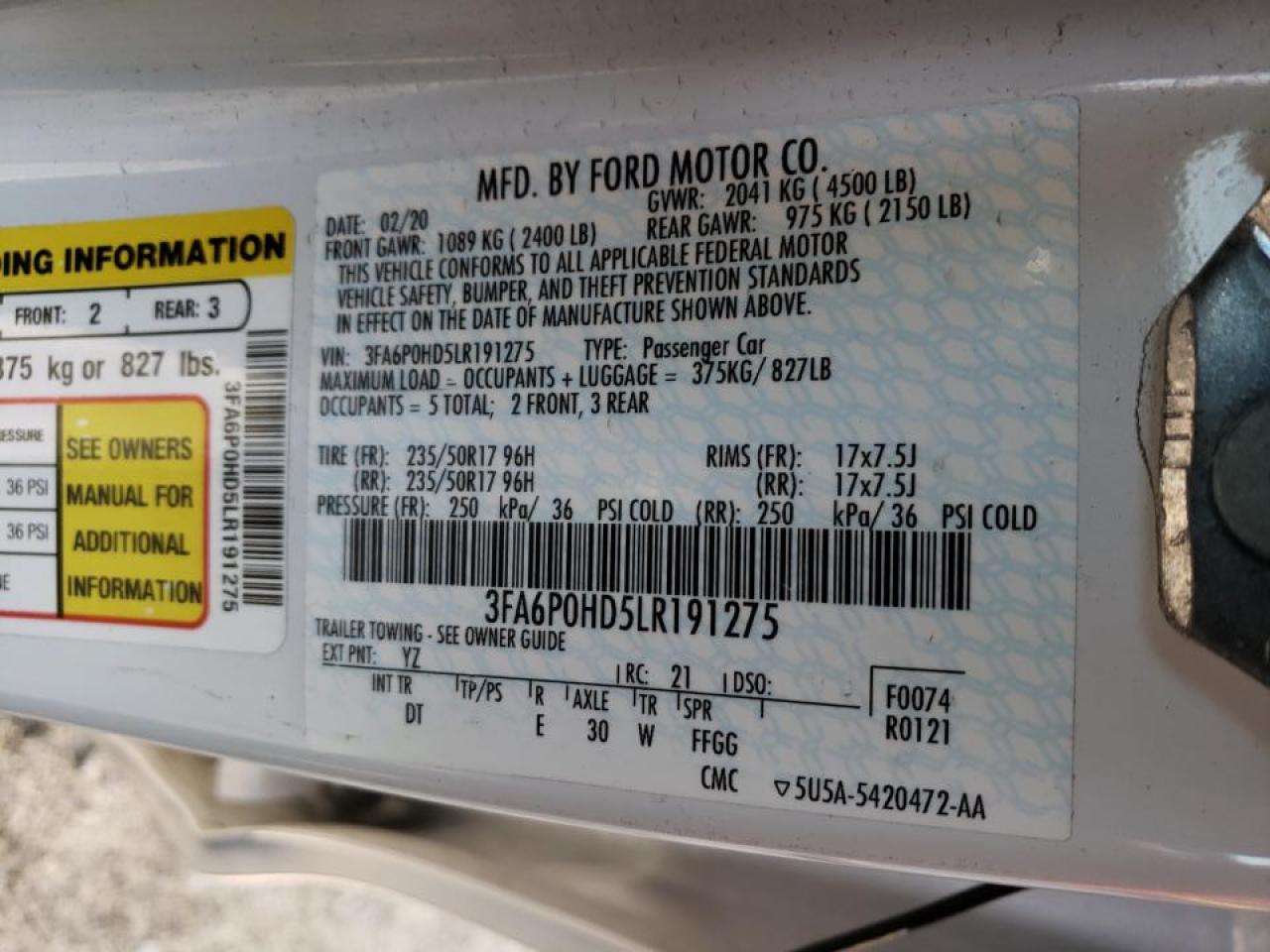Photo 10 from auction – 2020 FORD FUSION SE with VIN 3FA6P0HD5LR191275