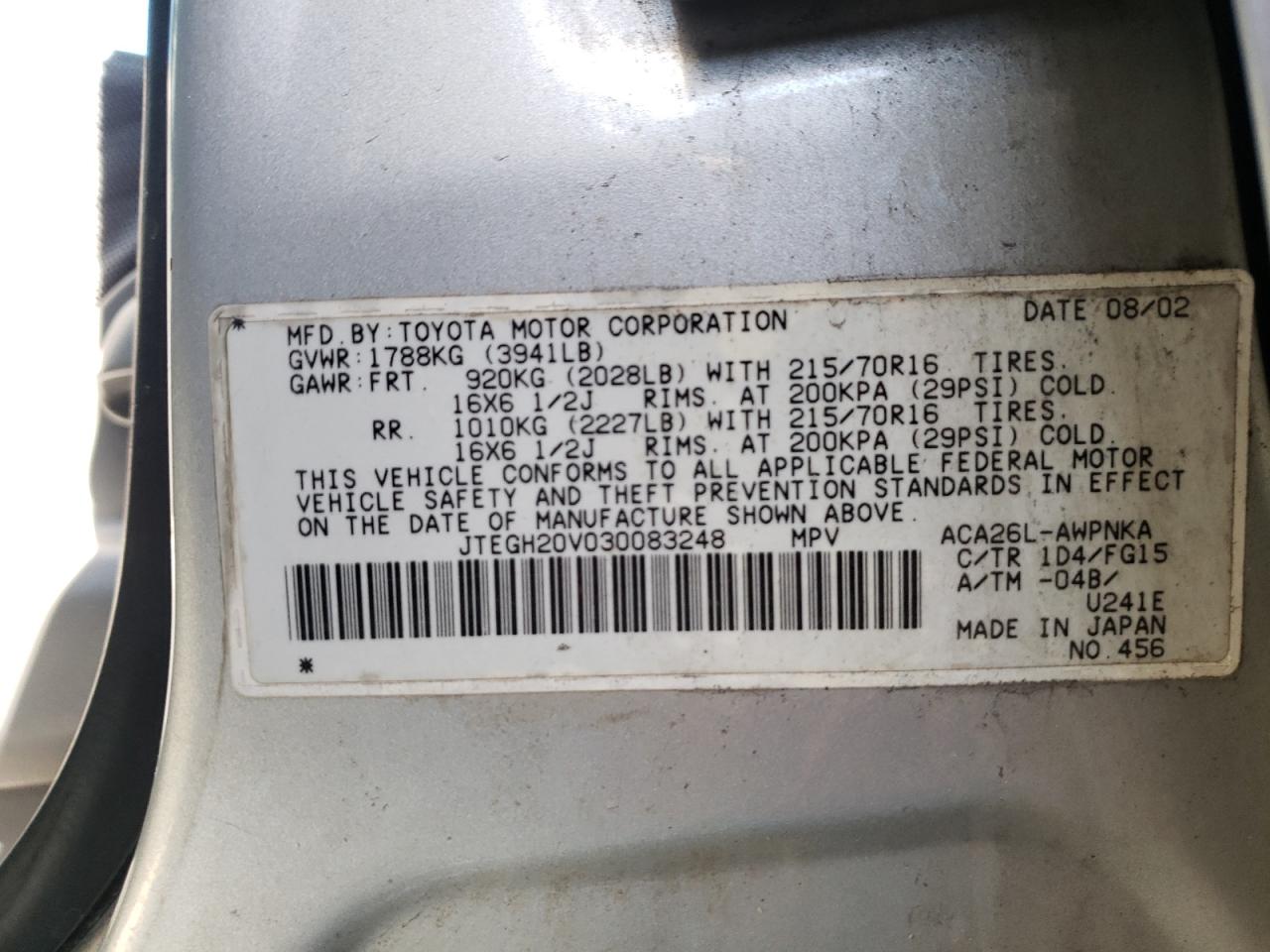 Photo 10 from auction – 2003 TOYOTA RAV4 with VIN JTEGH20V030083248