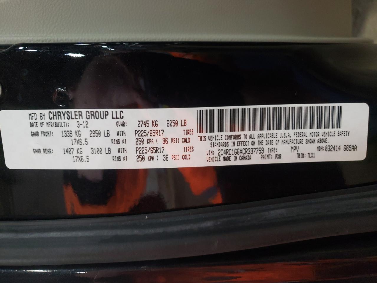 Photo 10 from auction – 2012 CHRYSLER TOWN & COU with VIN 2C4RC1GGXCR337759
