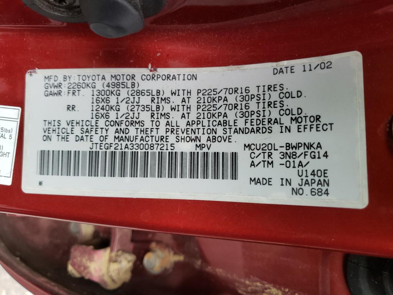 Photo 10 from auction – 2003 TOYOTA HIGHLANDER with VIN JTEGF21A330087215