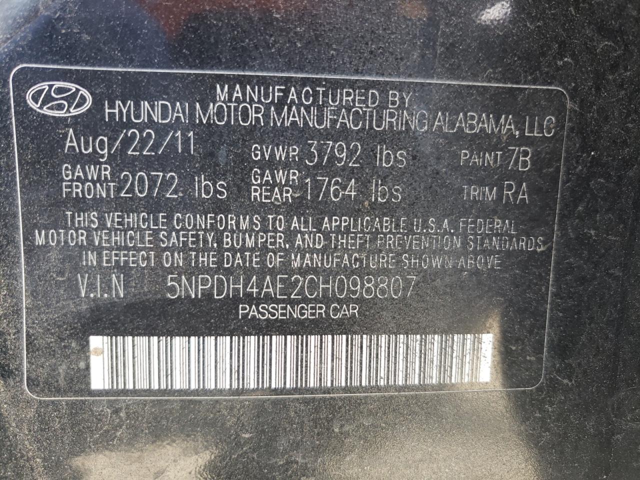 Photo 10 from auction – 2012 HYUNDAI ELANTRA GL with VIN 5NPDH4AE2CH098807
