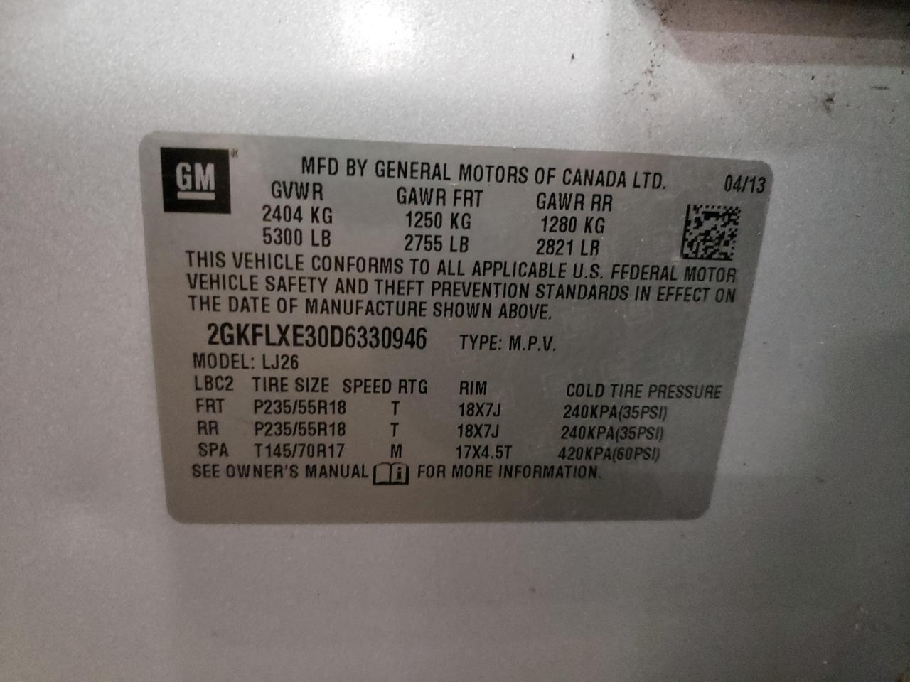 Photo 10 from auction – 2013 GMC TERRAIN SL with VIN 2GKFLXE30D6330946
