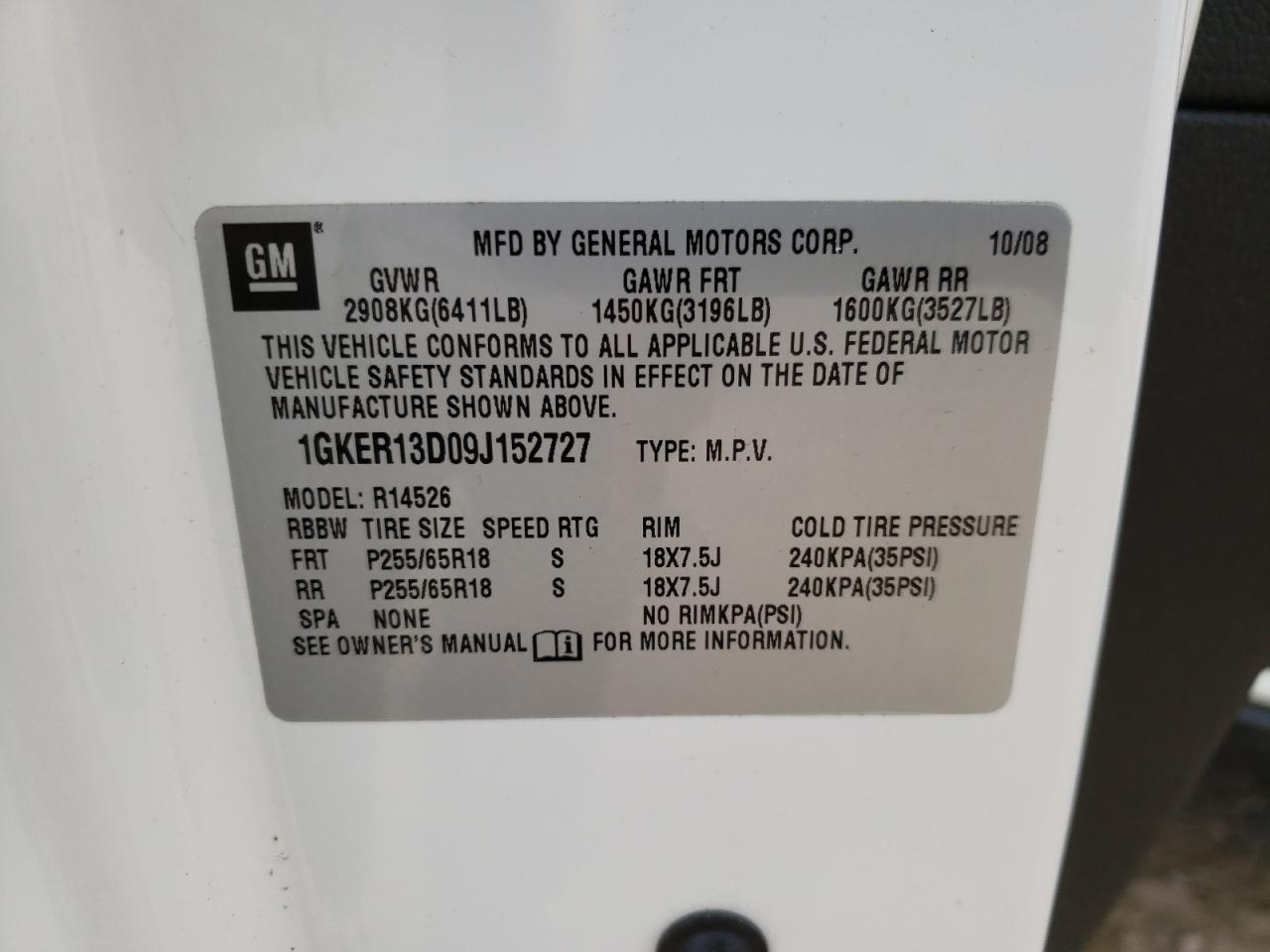 Photo 10 from auction – 2009 GMC ACADIA SLE with VIN 1GKER13D09J152727