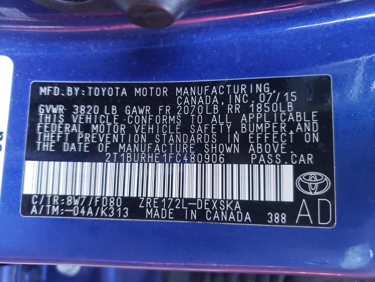 Photo 10 from auction – 2015 TOYOTA COROLLA L with VIN 2T1BURHE1FC480906