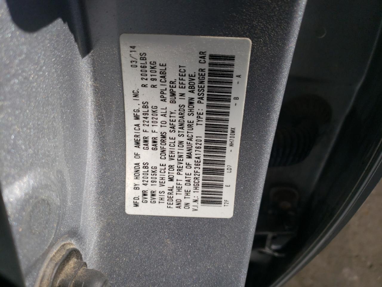 Photo 10 from auction – 2014 HONDA ACCORD LX with VIN 1HGCR2F36EA176201
