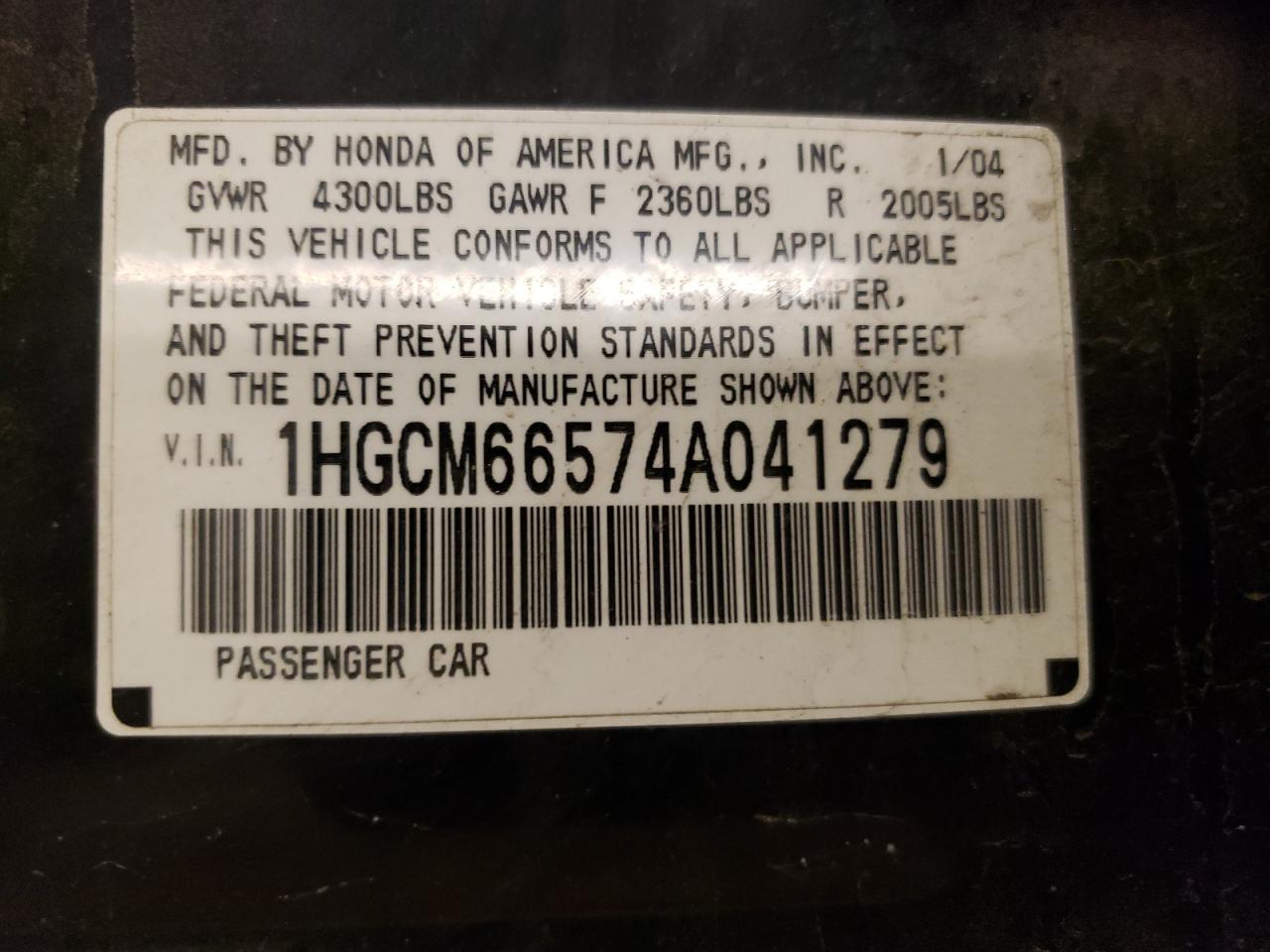 Photo 10 from auction – 2004 HONDA ACCORD EX with VIN 1HGCM66574A041279
