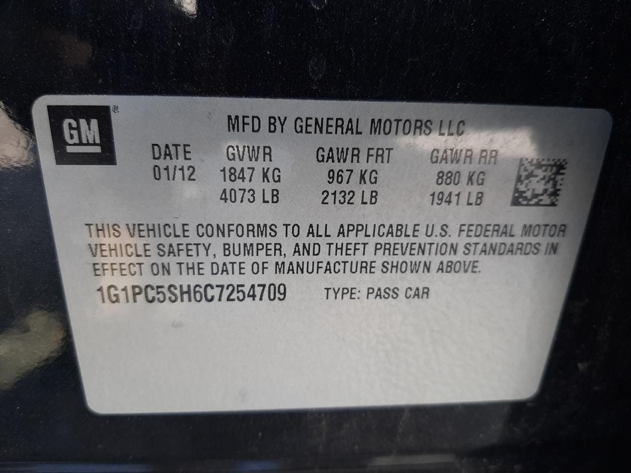 Photo 10 from auction – 2012 CHEVROLET CRUZE LS with VIN 1G1PC5SH6C7254709