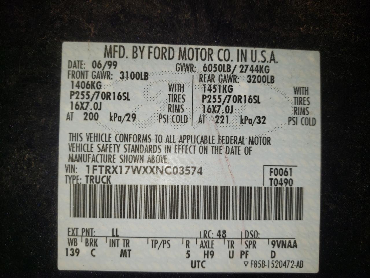 Photo 10 from auction – 1999 FORD F150 with VIN 1FTRX17WXXNC03574